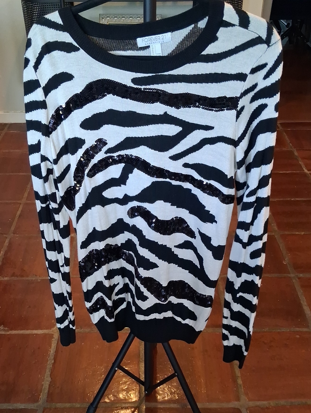 Forever 21 Black & White Zebra Sequin Crewneck Pullover